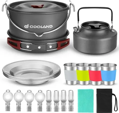 Image de Set de vaisselle de camping Odoland pour 4 personnes en acier inoxydable durable