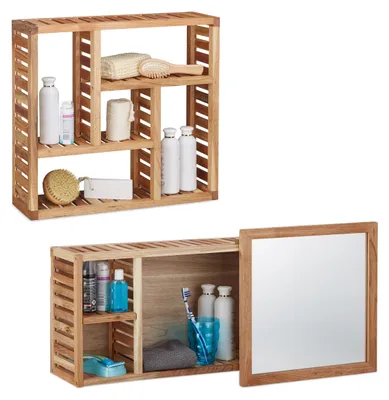 Produktbild von 2 tlg. Badregal Set Walnuss, Wandregal mit 5 Fächern, Badezimmerschrank mit Spiegel, Holzschrank, natur, geöltes Holz