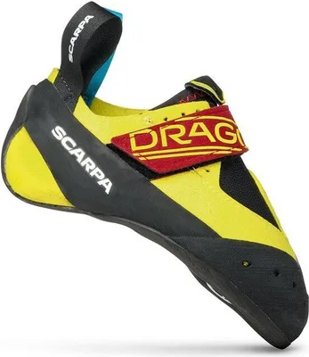 Drago Kid Kletterschuhe von Scarpa in Gelb und Schwarz mit rotem Schriftzug.