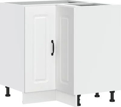 A white corner kitchen base cabinet with a black handle and black legs.