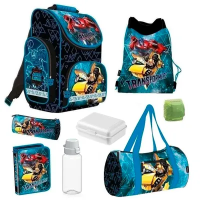 Produktbild von Transformers Schulranzen Set 8tlg. mit Federmappe Dose Flasche Sporttasche Bumblebee & Optimus Prime