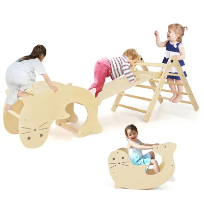 Produktbild von DREAdoor Kletter-Spielzeug für Kleinkinder, 7-in-1 Montessori Kletter-Set mit beidseitiger Rampe, Kindertisch, Bogenkletterer, Bogenwippe(Natur)
