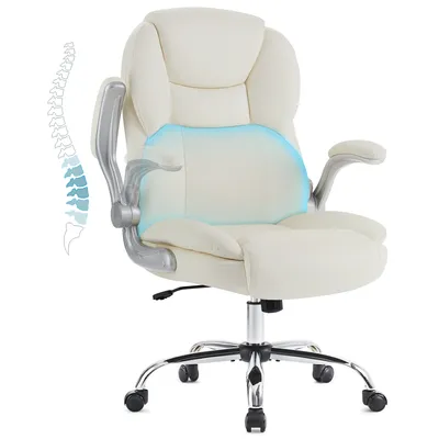 Produktbild von IWMH Chefsessel Ergonomisch Bürostuhl mit Klappbarer Armlehnen, höhenverstellbar Schreibtischstuhl mit Lendenstützte, Kunstleder Chefsessel - Cremeweiß