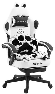 Produktbild von Gaming-Stuhl ergonomisch, Fußstütze, Stoff, verstellbar, Katzenpfoten-Design Schwarz-Weiß
