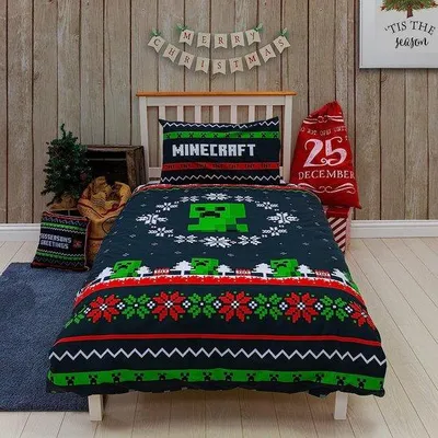Image de Ensemble de couette et taies d'oreiller Minecraft, licence officielle Unyqoos®, en polycoton (48% coton, 52% polyester), multicolore, pour lit simple 135x200 cm + taie d'oreiller 48x74 cm