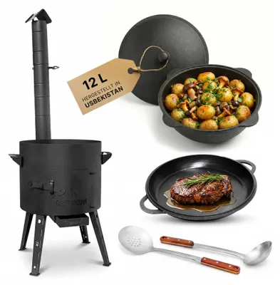 Produktbild von Utschak Ø40cm 2mm Stahl Feuerofen mit Abzugsrohr Aschekasten Gusseisen Kazan 12L Set Outdoor Küche Campingofen Feldküche Dutch Oven BBQ Lagerfeuer Eintopfofen