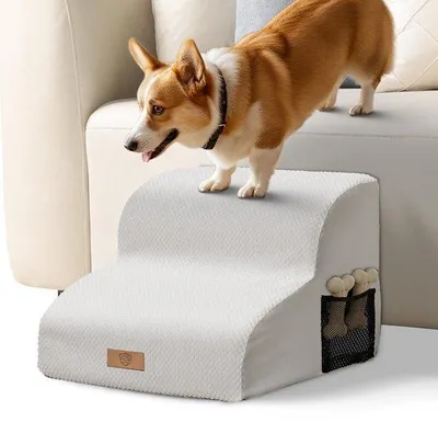 Image de Escalier pour chiens Eukue pour petits chiens, rampe à 2 marches pour lit et canapé, escalier pour animaux de compagnie en mousse haute densité, escalier portable pour chiens avec housse lavable (blanc)