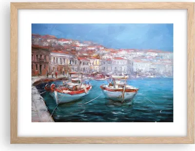 Produktbild von Gerahmtes Poster - Rahmen in heller Eiche - Öl Boote Griechenland - 40x30 cm - Wand Bild - Wanddeko - Wandbilder - Kunstposter - Wandposter - Bilderrahmen - Bilder - Kunstdruck - P2NAA40x30-4467