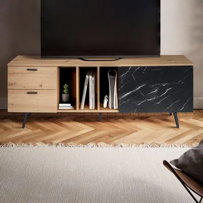Produktbild von WOHNLING Lowboard Eiche-Nachbildung mit Marmor-Look in Schwarz 150x55x40 cm TV-Kommode TV-Schrank Hoch Modern Fernsehtisch Fernsehschrank mit Tür
