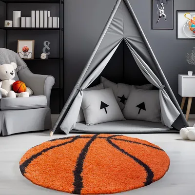Produktbild von Carpetsale24 Hochflor Kinderteppich, Fußball Design Basketball Kinderzimmer Teppich Jungen, Mädchen Modern Weich, Grösse: 100 cm Rund