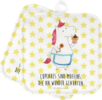 Produktbild von Mr. & Mrs. Panda Topflappen Einhorn Küche - Weiß - Geschenk, Unicorn, Kuchen, topfhalter, 2er Set, Einhörner, Kochlappen, Muffin, Torte, Topfuntersetzer