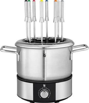 A stainless steel electric fondue pot with eight fondue forks.