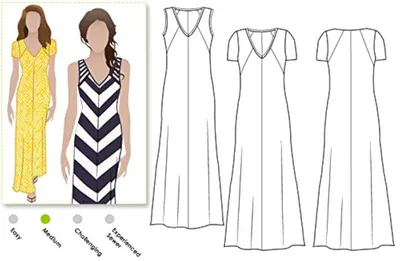 Nähschnitt für gestrickte Maxi-Kleid, Größen 4-16, Jersey