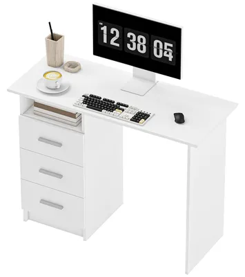 Produktbild von Moderner Schreibtisch aus Holz mit 3 Schubladen und offenem Fach, 100 x 40 x 75 cm, Wei? und Braun