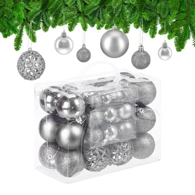Immagine prodotto di Set da 50 palline natalizie Relaxdays, palline per l'albero di Natale scintillanti, opache e lucide, in plastica, ∅ 3, 4 e 6 cm, argento