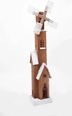 Image de Moulin à vent en bois avec éolienne tournante - 80 cm - Décoration de Noël avec éclairage LED - Décoration de Noël d'hiver en bois
