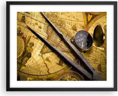 Produktbild von Gerahmtes Poster - Schwarzer Rahmen - Kompass Abenteuer Reisen - 50x40 cm - Wand Bild - Wanddeko - Wandbilder - Wandposter - Bilderrahmen - Bilder - Kunstdruck - Wandbild - P2BAA50x40-0146