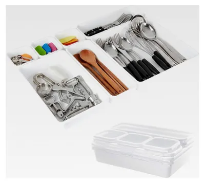 Produktbild von 8-teiliges Schubladen-Organizer-Set, Kunststoff Stapelbare Aufbewahrungsboxen in 3 Größen, Schubladentrenner für Make-up, Schreibtisch, Küche, Bad, Büro (Weiß)