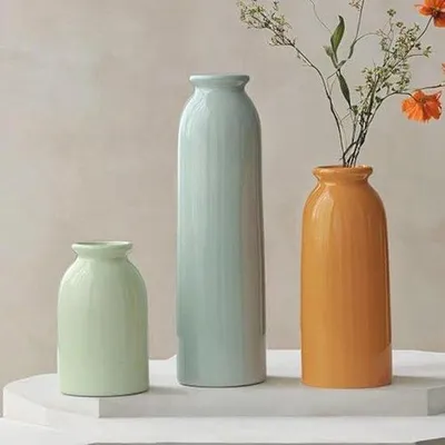 Produktbild von Famanu Set von 3 Keramischen Blumenvasen - Kleine Dekorationsvasen in Orange, Gelb und Weiß