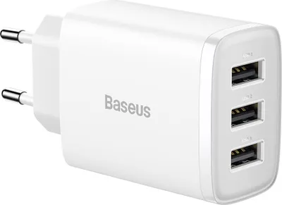 A white multi-port USB charger with the brand name 'Baseus' printed on it.