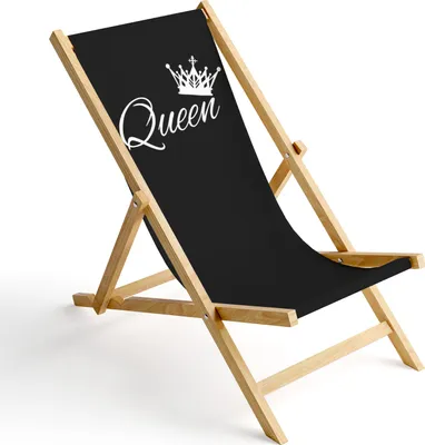 A black deck chair with the word "Queen" and a crown design printed on it, resting on a white background.