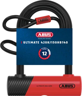 Produktbild von ABUS Bügelschloss Ultimate 420K mit Schlosshalterung USH - handliches und robustes Fahrradschloss mit praktischer Halterung zum Transport - Fahrrad-Zubehör - Variante 150HB140 + Cobra 10/120 Stahlkabel mit Schlaufen