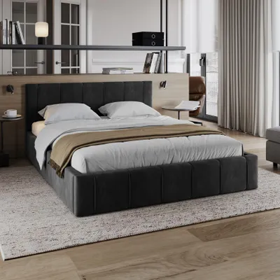 Produktbild von FDM Bett FLORIDA Paris 140x200 cm Polsterbett mit Lattenrost aus Metall Bettkasten Stauraumbett Samt schwarz