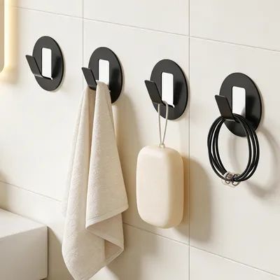 Produktbild von doporro Klebehaken extra stark aus Aluminium, Haken selbstklebend, Handtuchhalter ohne Bohren, Wandhaken selbstklebend, 4 Stück, Schwarz, Stalo-16