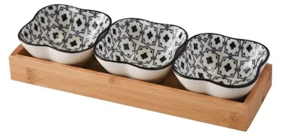 Dipschalen-Set, 3 Keramikschalen mit Bambusplatte, Tapas