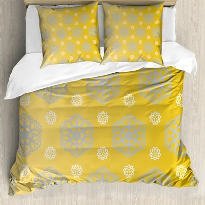 Immagine prodotto di ABAKUHAUS Set copripiumino grigio e giallo, stampa artistica retrò vintage bohémien con motivo floreale Swilrs, 155 x 220 cm + 80 x 80 cm, blu grigio calendula