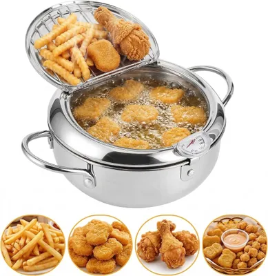 Produktbild von Frittiertopf, Japanische Tempura Fritteuse, Edelstahl Fritiertopf mit Thermometer, Abtropfgestell, Japanischer Frittiertopf für Pommes Frites, Hühnerflügel und Garnelen, 24cm 3.2L, KI-generiertes Bild