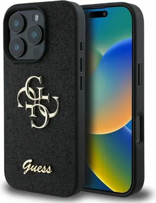Produktbild von Guess, Hülle für iPhone 16 Pro Max mit Glitzer und Metall-Logo, Schwarz