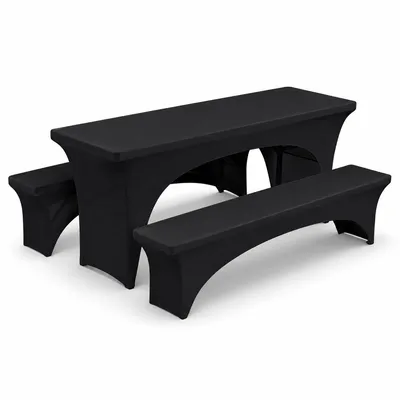 Produktbild von 3-teilig Bierzeltgarnitur Husse 70 cm, schwarze Stretch Tischdecke mit 2 Bierbank Bezügen, elastisch, pflegeleicht für Party, BBQ &