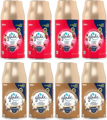 Produktbild von Glade Automatic Spray Nachfüller Mix 8 Stück je 269 ml, Luscious Cherry & Peony & Sensual Sandalwood & Jasmine, Lufterfrischer Nachfüllpack für Duftspender, Raumduft Set