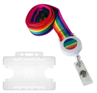 Produktbild von 20 mm Badge Reel Schlüsselband mit Sicherheitsclip und doppelt Horizontal Kartenhalter regenbogenfarben