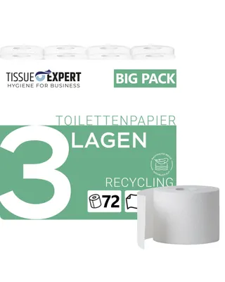 Produktbild von Toilettenpapier, 3-lagig, 72 Rollen x 250 Blatt, 100% Recycling, superweiches Klopapier, ideal für Vielverbraucher, Verpackung aus 60% PCR-Anteil