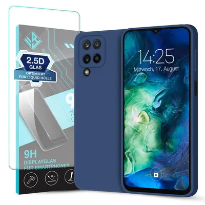 Produktbild von Hülle für Samsung Galaxy A12 mit 9H Displayglas Displayschutz Case Cover Bumper Smartphone Softgrip Schutzhülle Farbe: Blau
