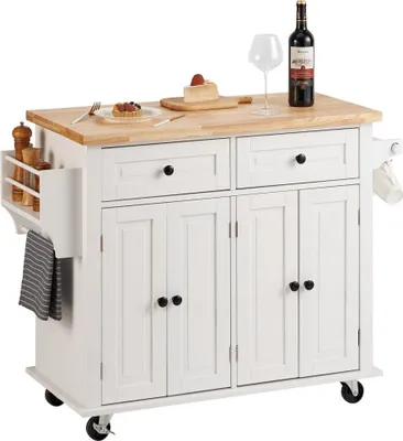 Produktbild von Kücheninsel Deluxe - Servierwagen & Rollwagen 1100 x 450 x 825mm - 136kg Max. Belastung - Küchenschrank mit 2 Schubladen, Handtuchhalter & Massivholz - Mikrowellenschrank & Küchenrollwagen