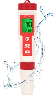 Zdjęcie produktu dla tester wody 5 w 1 do pomiaru chloru, pH, ORP, H₂ i temperatury - Do wody pitnej, akwarium, akwakultury i basenu - Wielofunkcyjne urządzenie pomiarowe
