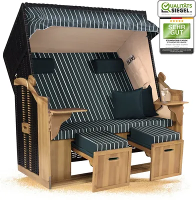 Produktbild von Strandkorb Ostsee 2,5-Sitzer 150cm breit in Schwarz Grün Weiß Nadelstreifen Montiert ideal für Balkon, Terrasse oder Garten