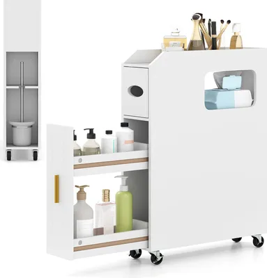 A white bathroom storage cabinet with pull-out drawers and a top shelf displaying various toiletries and cosmetic items.