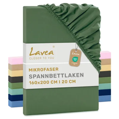 Produktbild von Lavea® 1er Set Spannbettlaken 160x200 cm aus Mikrofaser, Bettlaken mit Rundumgummi, für Matratzen bis 20 cm, atmungsaktiv und kühlend - Olivgrün