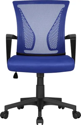 A blue mesh office chair is shown from the front.