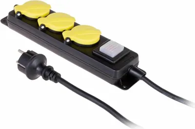 Zdjęcie produktu dla Awtools przedłużacz warsztatowy czarny 3 gniazda 5,0m z uziemieniem, wyłącznik ip44 3x1,5mm