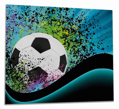 Produktbild von Wallario Herdabdeckplatte aus Glas, Größe 60 x 52 cm 1-teilig, Motiv Fußball - Design Wellen und Regenbogen in blau