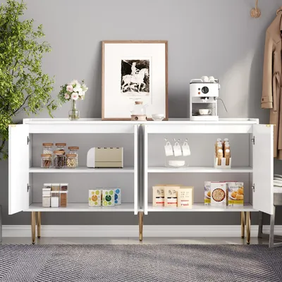 Produktbild von okwish Modernes Sideboard Wohnzimmerschränke mit goldenen Akzenten,Beistellschrank Lowboard mit gewölbte Schranktüren und Eisenbeine,Weiß