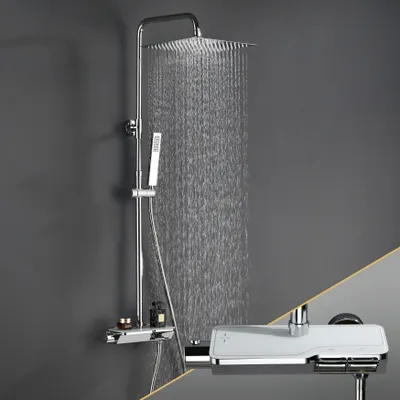 A modern shower system with a rain showerhead and handheld showerhead, with water flowing from the rain showerhead. A close-up of the control panel is shown in the bottom right corner.