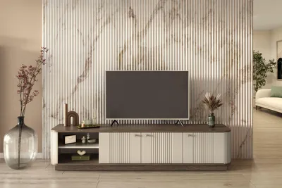 Zdjęcie produktu dla Szafka RTV kaszmir złote uchwyty orzech 187 cm ryflowana otwarte półki
