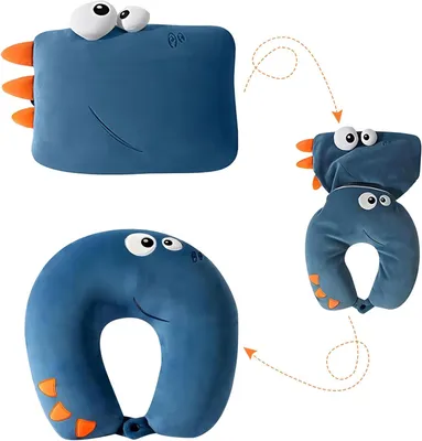 Obrázek produktu pro Polštářek na krk 2 v 1, modrý motiv dinosaura, pro děti, optimální podpora krční páteře, ideální na cesty