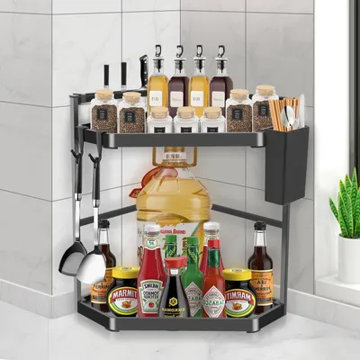 Immagine prodotto di Mensola angolare regolabile per cucina, a due ripiani, con piano di lavoro in acciaio inossidabile